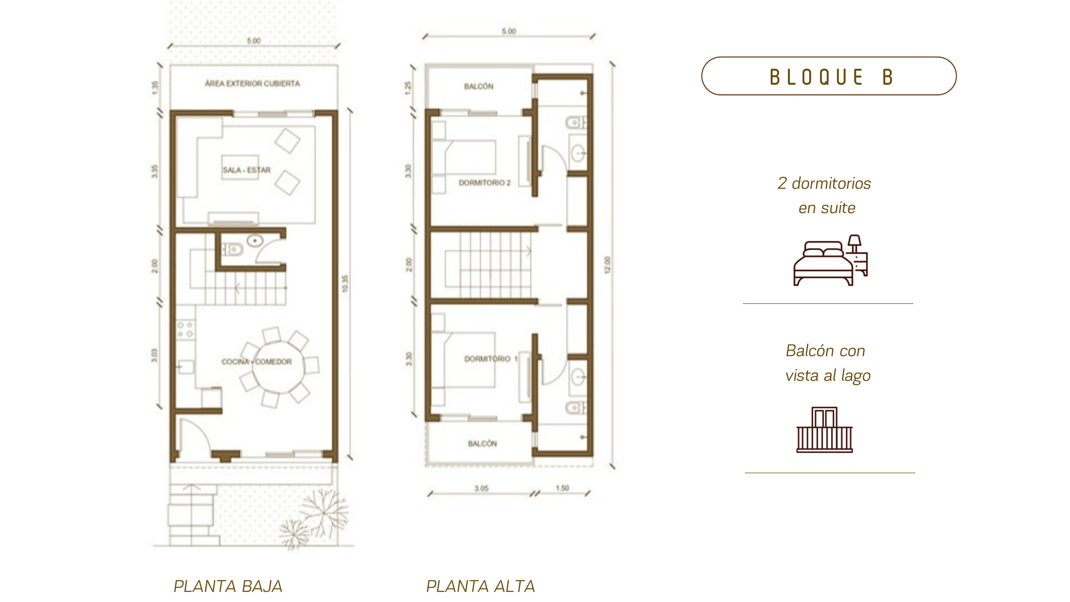 Plano planta baja y planta alta — Bloque B / D, 2 dormitorios