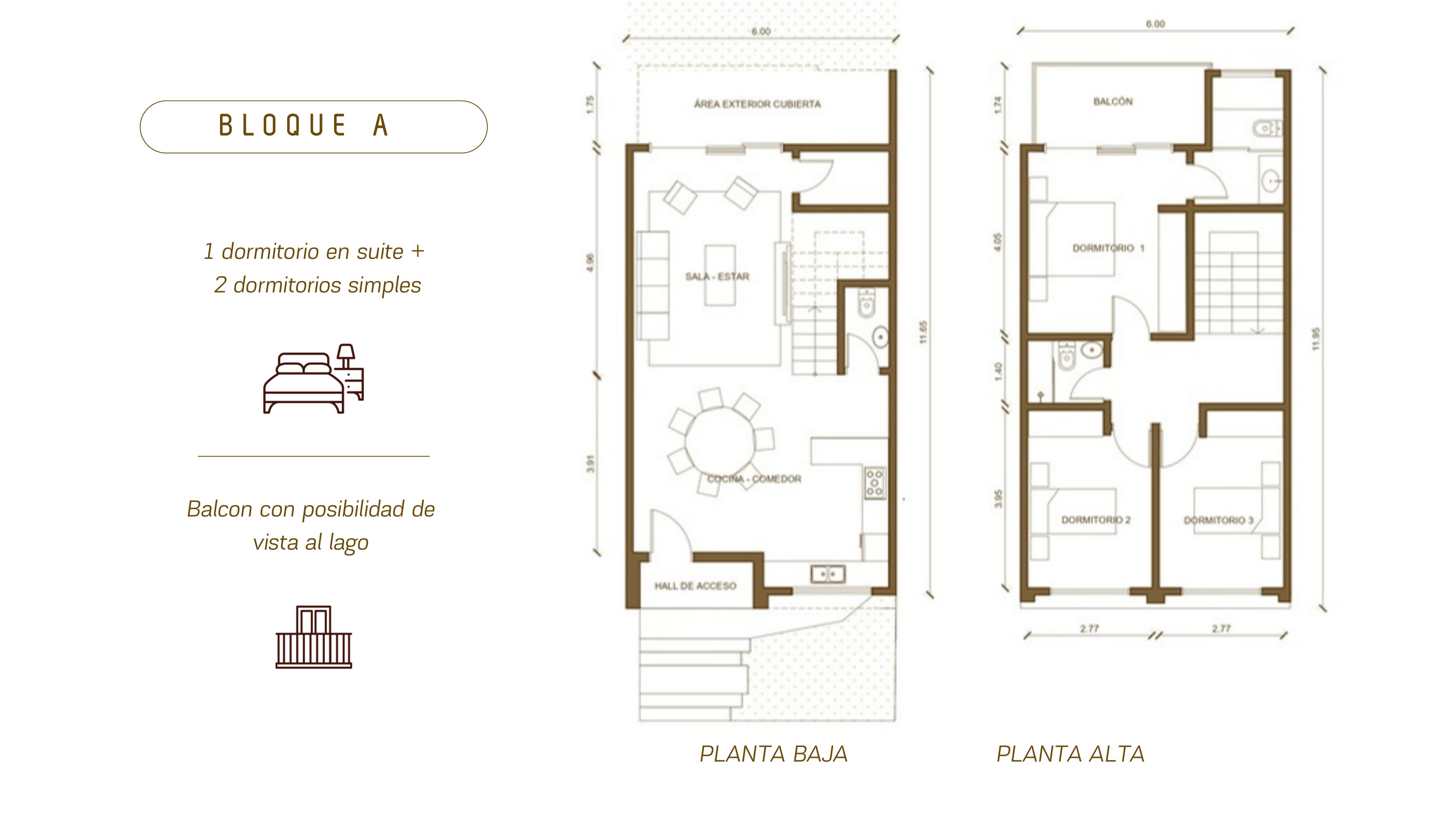 Plano planta baja y planta alta — Bloque A / C, 3 dormitorios